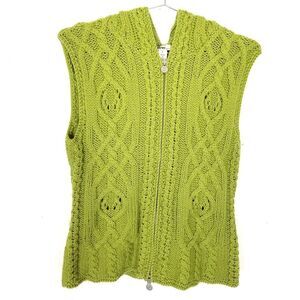 Neve Designs Women 100% Wool Cable Knit Zip Up Vest Sweater Sz L Green Hooded